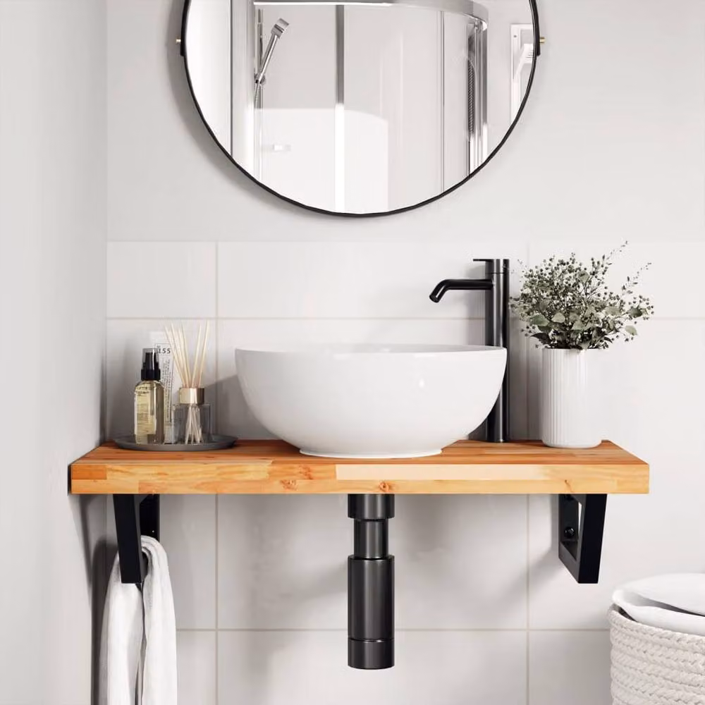 Berkfield Home Wall Mounted Basin Shelf in Brown Acacia Wood and Steel – 2