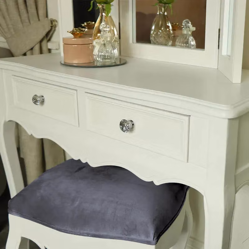 Melody Maison Victoria Range White and Grey Shabby Chic Dressing Table with Mirror, Stool and Pair of Bedside Tables – 2