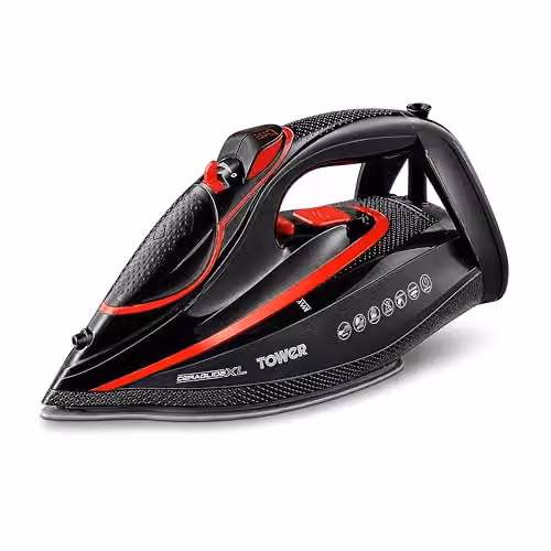 Tower Steam Iron with Ceramic Non-Stick Soleplate and Anti-Calc System, Red and Black – 1