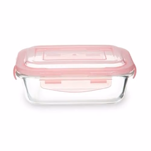 Premier Housewares Rectangular Glass Baby Food Storage Container with Pink BPA-Free Leakproof Lid, 640ml, W: 13 cm, D: 7 cm, H: 18 cm – 1