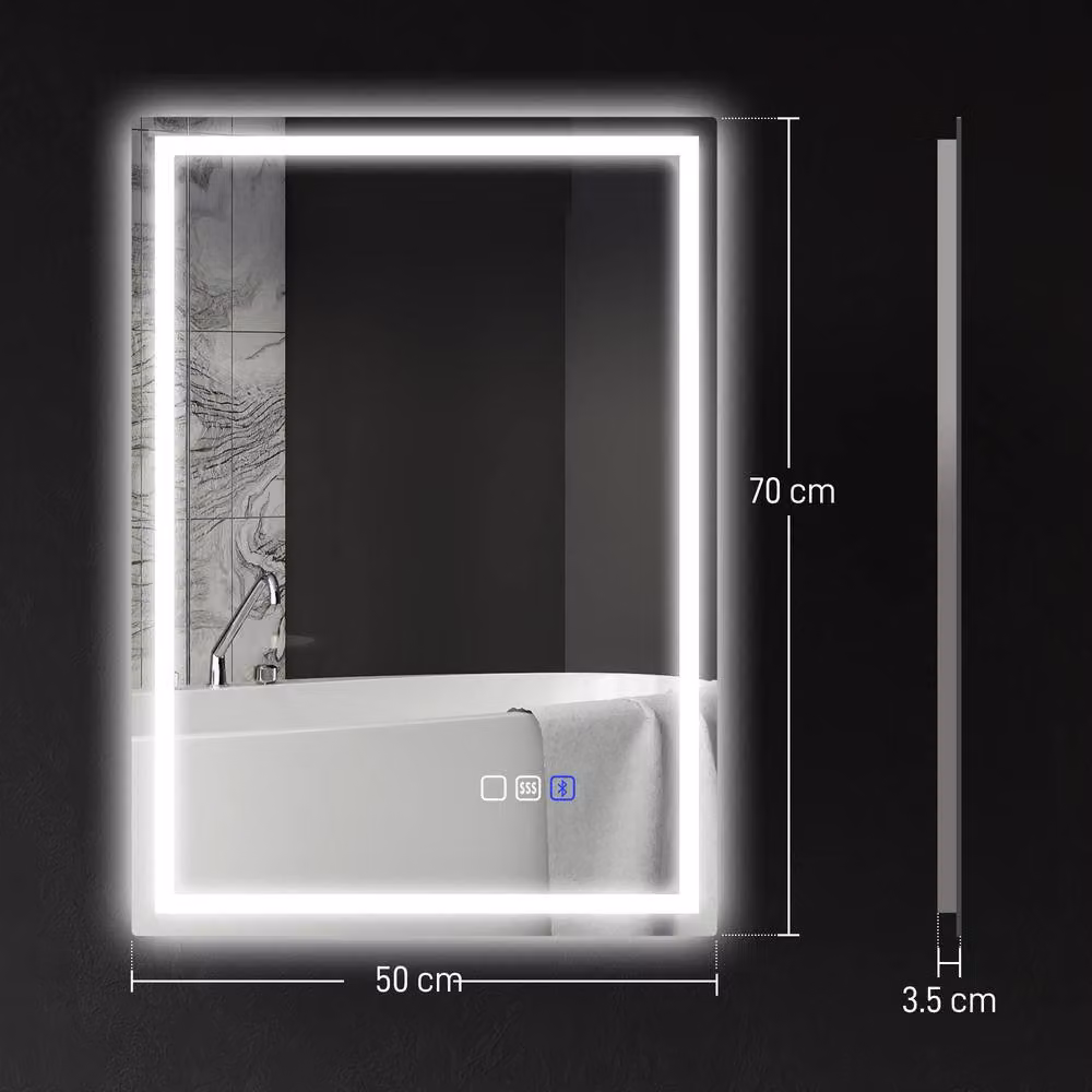 STILVORA Bluetooth Bathroom Mirror with LED and Clock Display in Silver, W/D/H: 70 x 50 cm – 4