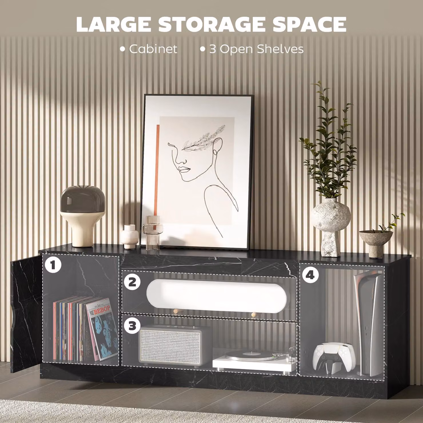 HOMCOM Marble Effect TV Stand Cabinet with Glass Shelf in Black, W: 150 cm, D: 35 cm – 5