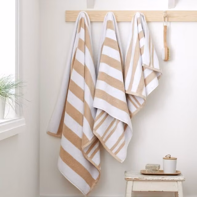 Bianca Reversible Stripe Cotton Jacquard Hand Towel in Beige, W: 50 cm, H: 85 cm