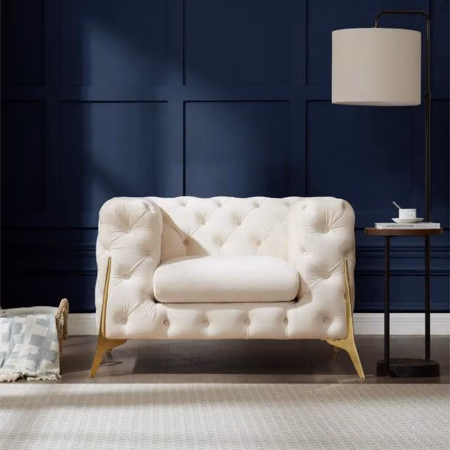 GRS Panther Chesterfield Design Armchair in Cream Velvet Fabric, W/D/H: 77 x 110 x 88 cm
