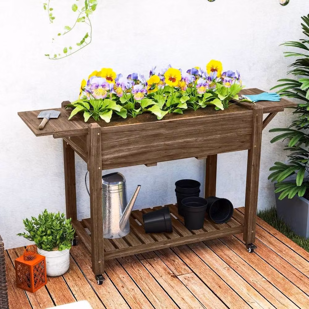 Kelvenix Wooden Raised Planter with Lockable Wheels in Brown, W/D/H: 145 x 86 x 52 cm – 4
