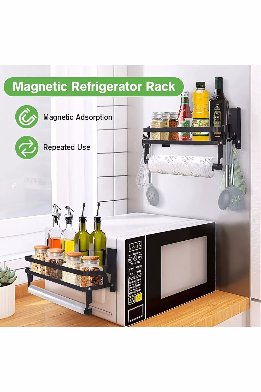 Living and Home Magnetic Kitchen Storage Shelf Organiser with Paper Roll and Cling Film Holder, Black Metal – 4