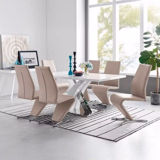 FurnitureboxUK Atlanta Modern Rectangular High Gloss White Dining Table and 6 Willow Chairs Set in Beige