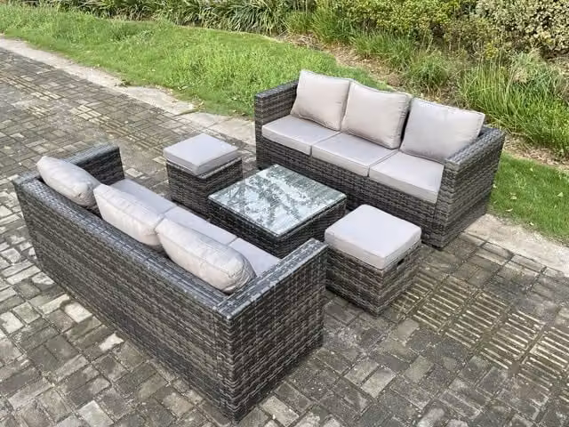 Fimous 8 Seater Rattan Garden Furniture Set in Grey with Outdoor Sofa, Coffee Table and Ottomans – 1