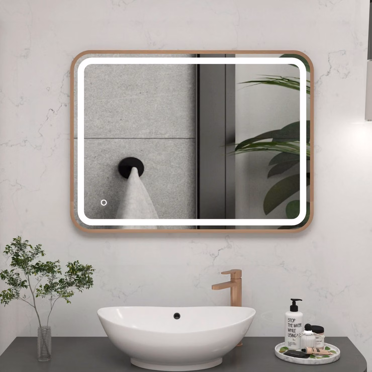 Royal Bathrooms Luna LED Framed Illuminated Mirror in Brushed Bronze, W: 50 cm, H: 70 cm, with Demister Pad and Touch Sensor