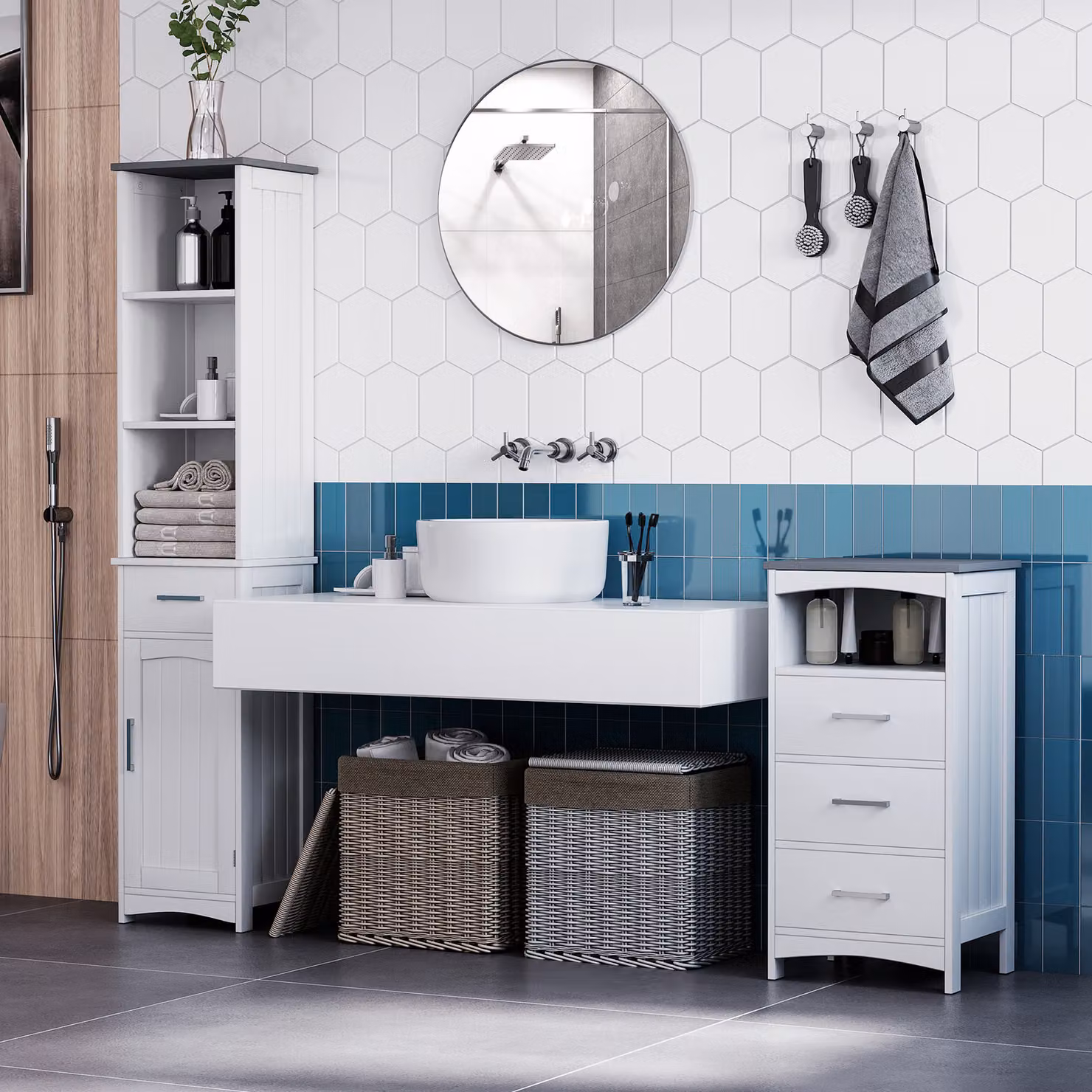 Kleankin Tall Linen Tower Bathroom Cabinet in White, Slim Freestanding Organizer with 3 Tier Shelves, Cupboard and Drawer – 3