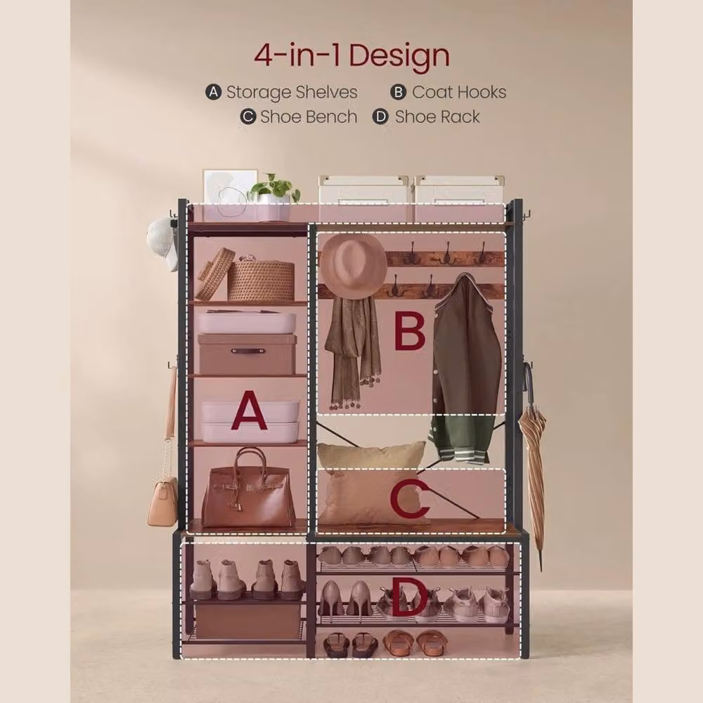 Kelvenix Large Rustic Hall Tree Coat Stand and Shoe Rack Bench in Brown and Black, H 190 x W 120 x D 40 cm – 2