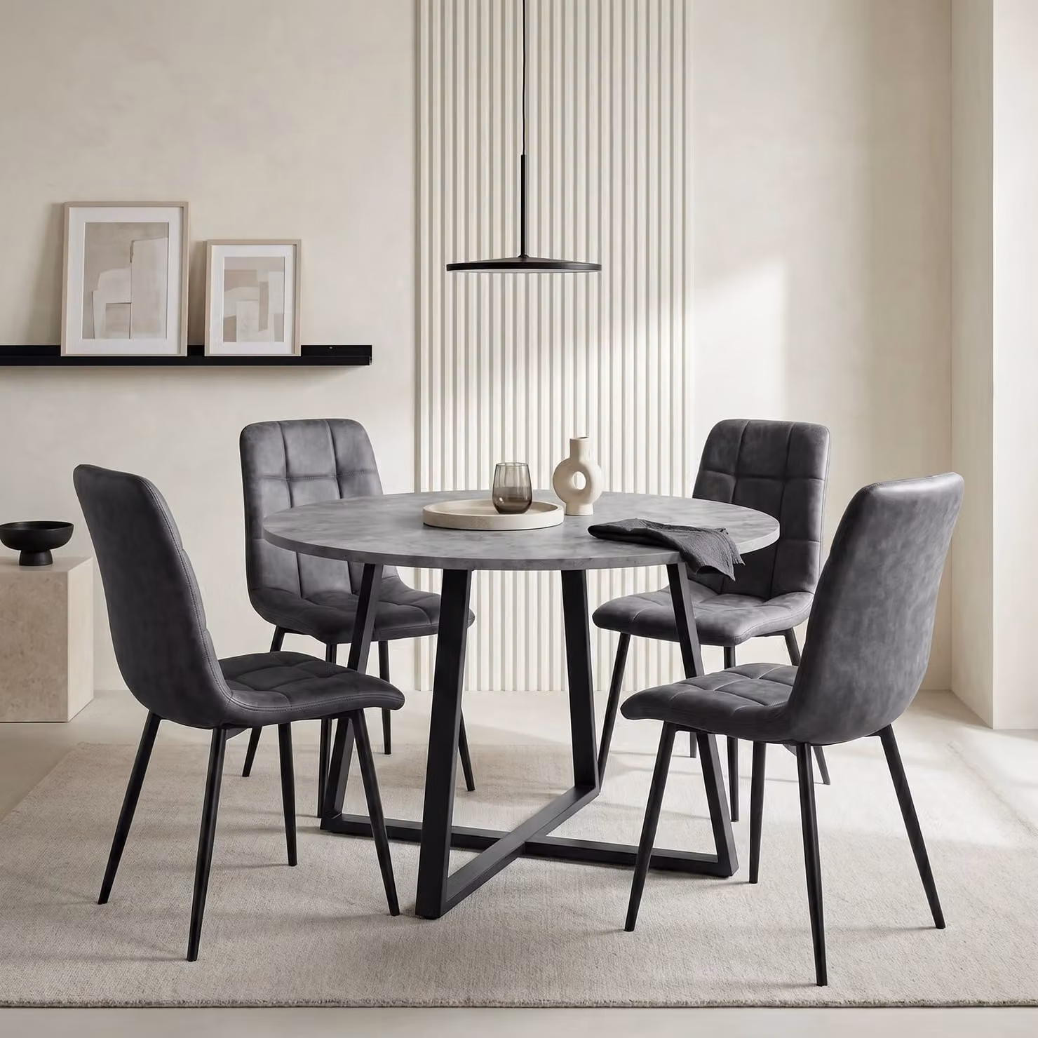 Kyvon Round Dining Table Set with 4 Chairs in Concrete Effect Grey and Black