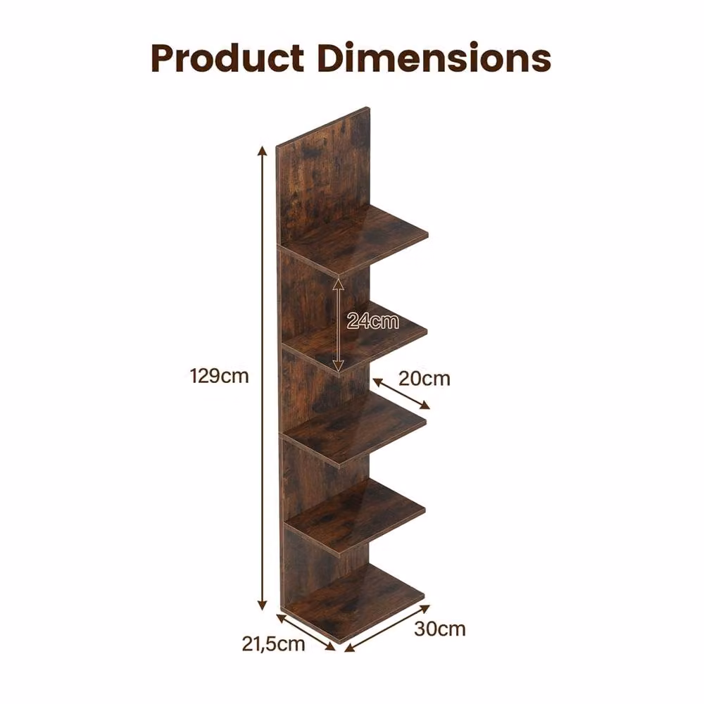 NESTLUNE Brown 5-Tier Wooden and Metal Wall-Mounted Industrial Organizer for Bedroom or Living Room, W: 50 cm, H: 200 cm, D: 50 cm – 2