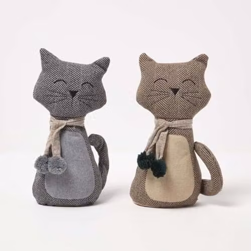 HOMESCAPES Textured Cat Door Stops, Set of 2, Grey and Brown – 1