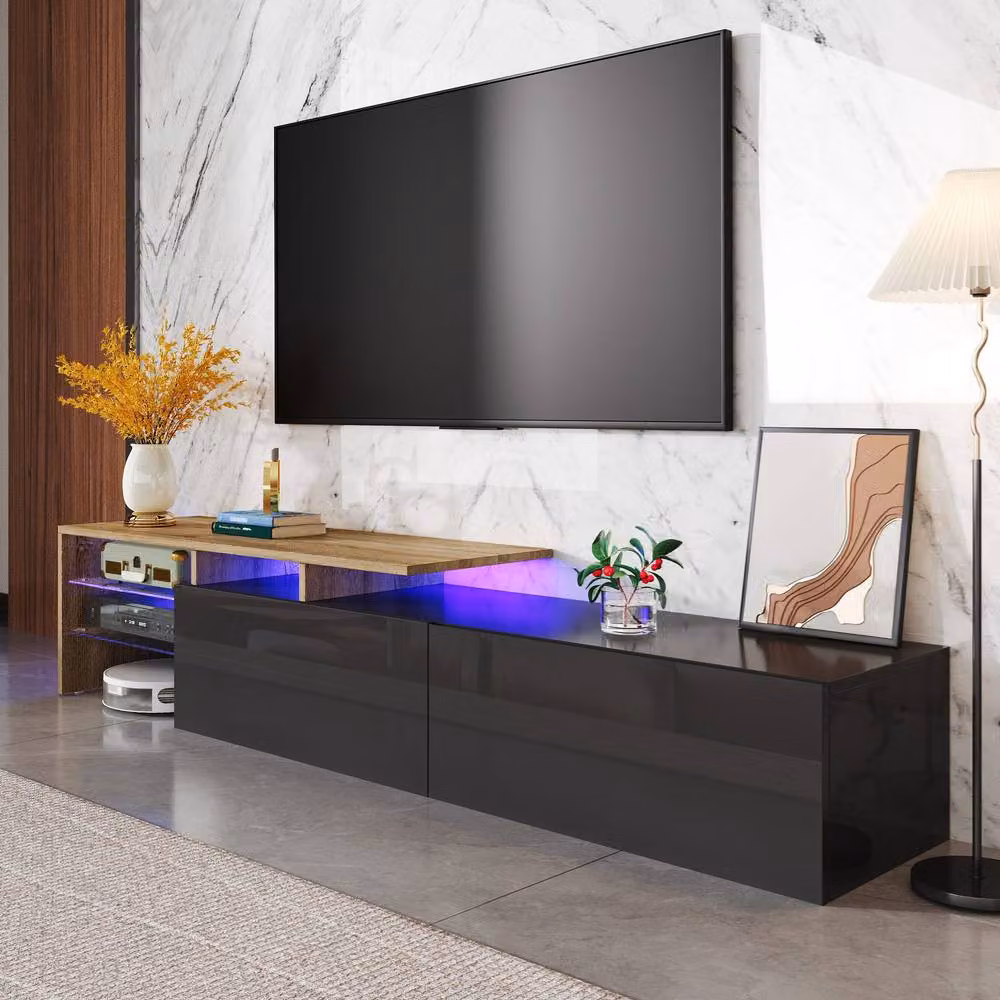 BTM Modern TV Stand with Integrated LED Lighting, Glass Shelves and MDF in Sand/Brown, W/D/H: 82.0 x 33.0 x 33.5 cm – 2