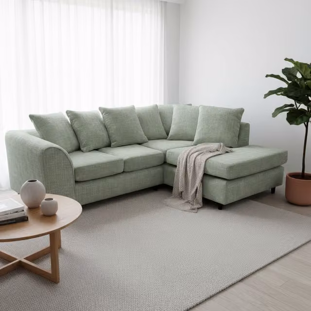 Abakus Direct Jumbo L-Shape Corner Sofa in Sage Green Soft Chenille with Right-Hand Chaise Extension