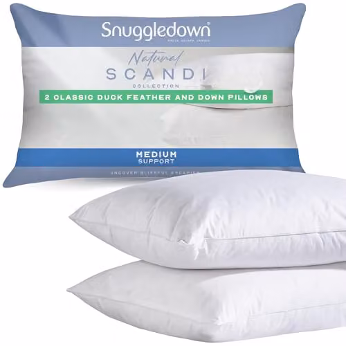 Snuggledown 2 Pack White Duck Feather and Down Pillows with Medium Support and Cotton Cover, W: 48 cm, D: 74 cm