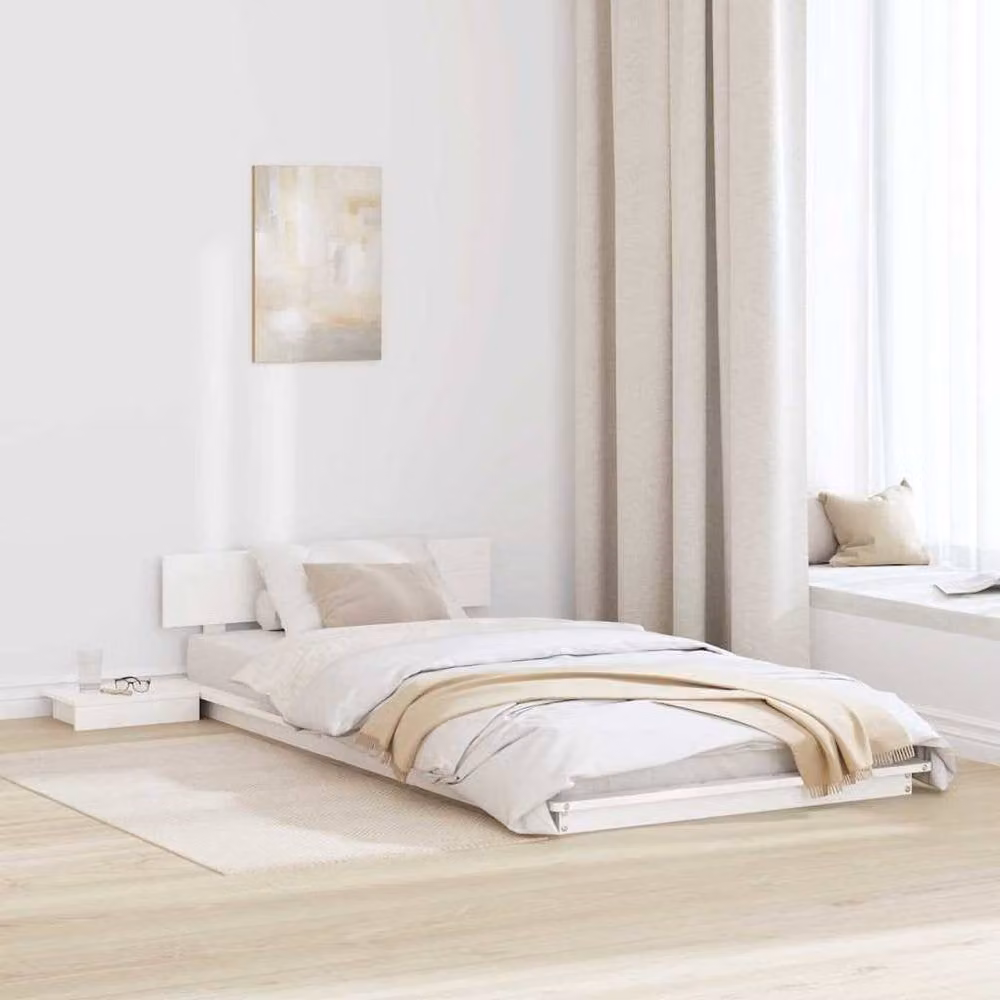 Berkfield Home White Solid Wood Floor Bed Frame with Bedside Shelves, W/D/H: 90 x 190 cm