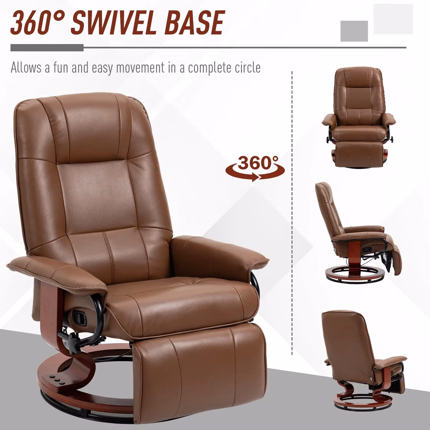 HOMCOM Ergonomic Office Recliner Sofa Chair in Brown PU Leather with Solid Wood Frame and 360 Degree Swivel – 5