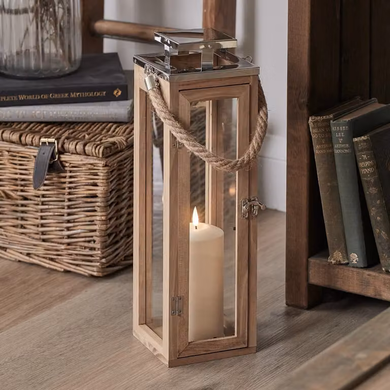 Salcombe Lantern with TruGlow Pillar Candle in Brown, Height: 42 cm