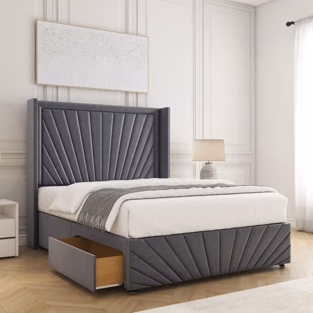 BSSPOKE Nola Double Divan Bed in Charcoal Plush Velvet with 2 Drawers and Footend
