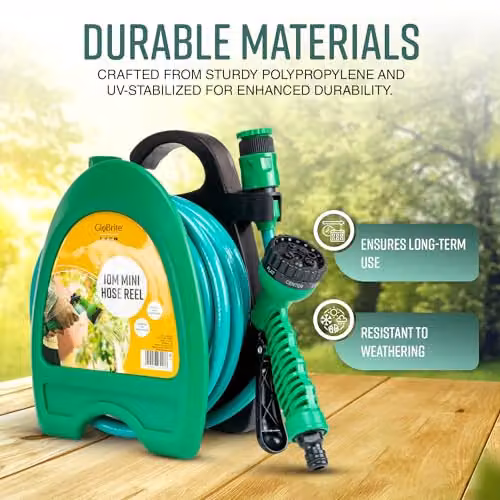 GloBrite Mini Wall-Mounted Hose Reel in Green with 10m Garden Hose Pipe, Spray Gun and Adjustable Nozzle – 2