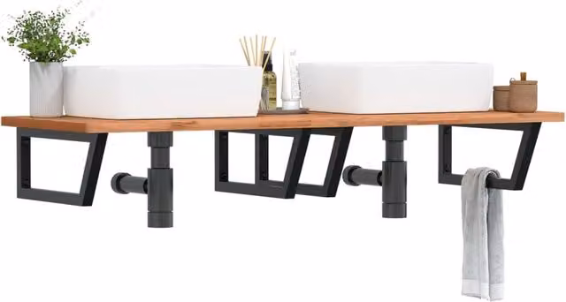 Berkfield Home Wall Mounted Basin Shelf in Brown Steel and Solid Beech Wood