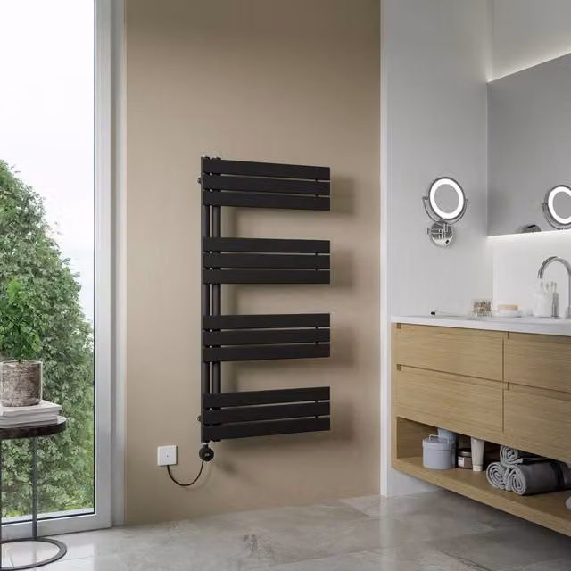 Bathroom Kingdom Vega Electric Black Designer Flat Panel Heated Towel Rail W: 50 cm, H: 75 cm