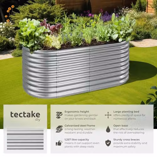 tectake Flormma Raised Garden Bed in Silver Galvanised Steel, W/D/H: 200 x 80 x 100 cm – 2