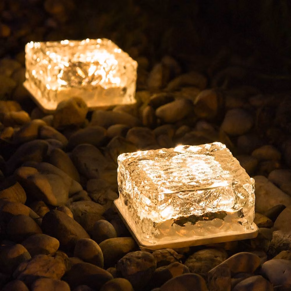 GWSOLAR 4 Pack Warm White LED Solar Glass Brick Garden Lights, IP65 Waterproof, Transparent Square Design with Dusk Sensor – 3