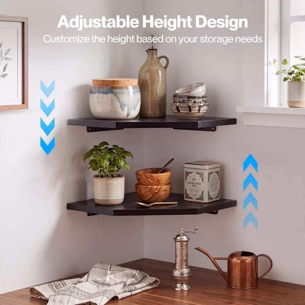 VOGREX Set of 2 Black Matt Wall Mounted Floating Corner Shelves – 4