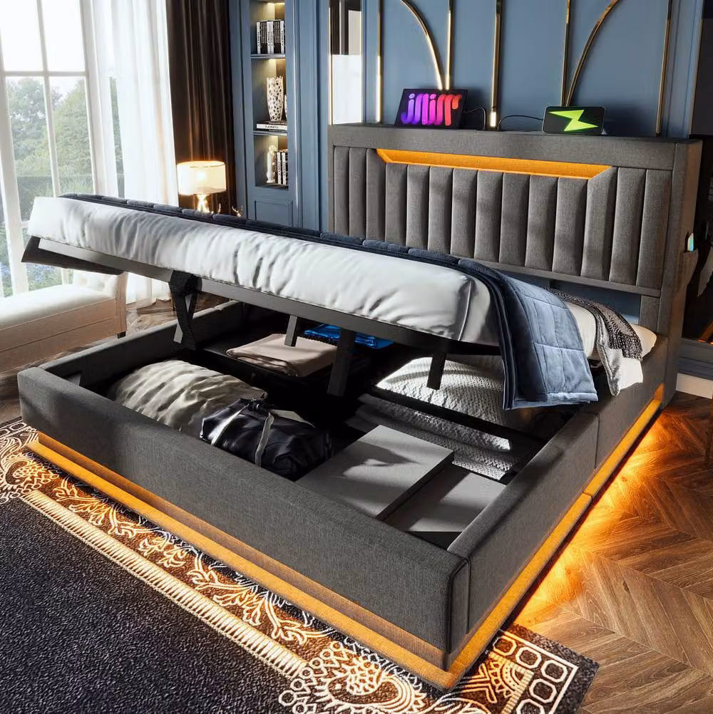 STILVORA Upholstered Super King Bed in Grey with LED Lighting, USB Charging Port, Bedside Shelf and Storage W/D/H: 180 x 200 x 111 cm – 8
