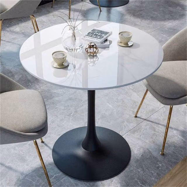 FORGEVIO Modern Round Tulip Dining Table with White Marble Effect Glass Top