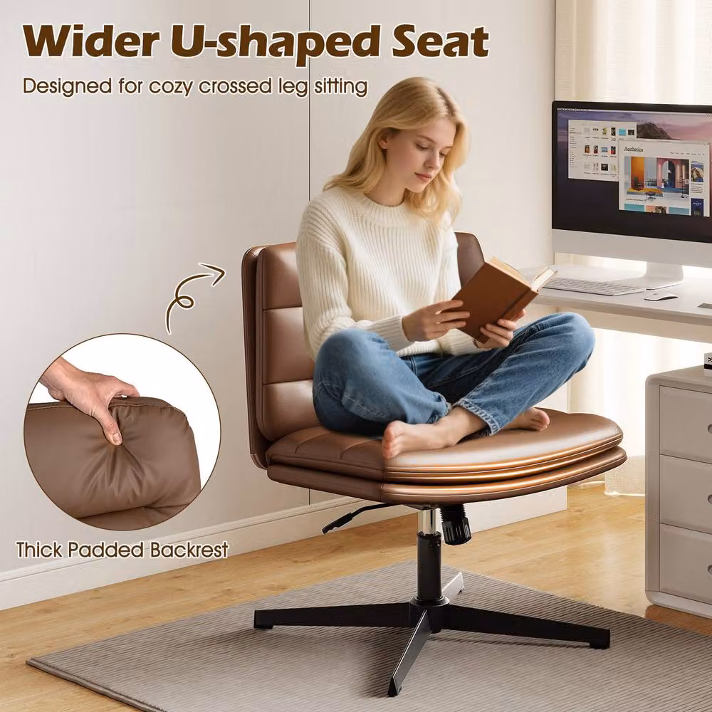 Gymax Height Adjustable Mid-Back Cross Legged Makeup Vanity Chair in Brown – 7