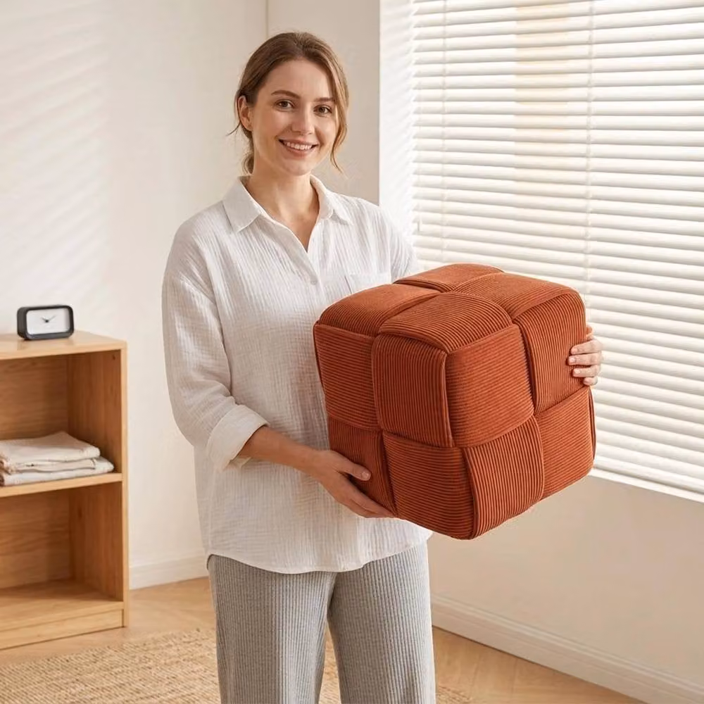 FLAVORA Orange Corduroy Square Ottoman Soft Stool, W/D/H: 100 x 100 x 100 cm – 3