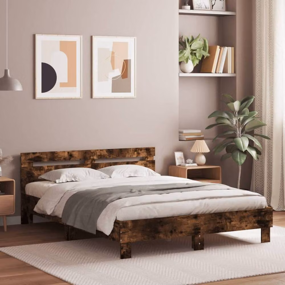 Berkfield Home Durable Bed Frame with Under-Bed LED Lighting in Smoked Oak Brown, W/D/H: 140 x 190 cm – 2