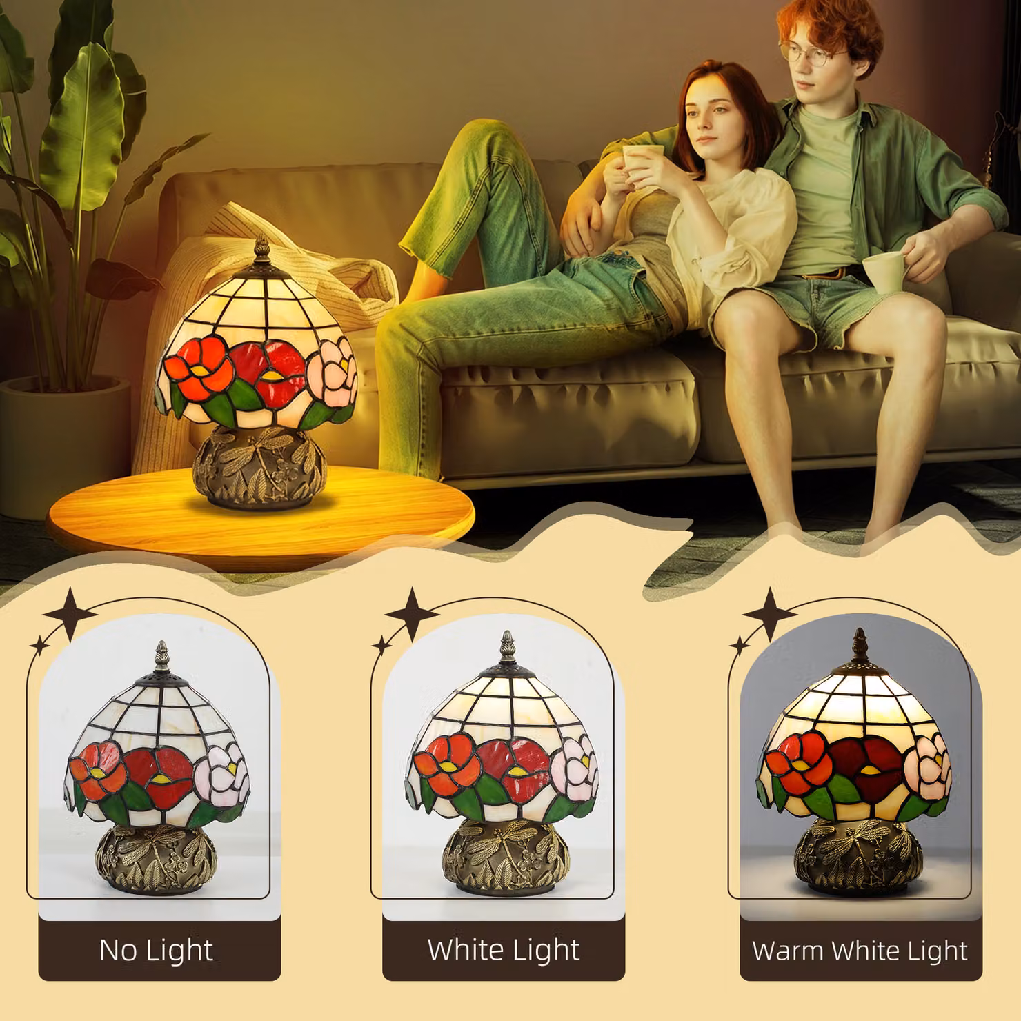 HOMCOM Tiffany-Style Stained Glass Table Lamp with Dragonfly Base, Multi-Coloured and Bronze – 6