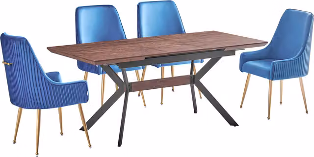Life Interiors Soho Blaze LUX Modern Dining Set with Rectangular Drop Leaf Table and 4 Blue Velvet Upholstered Chairs with Gold Accents