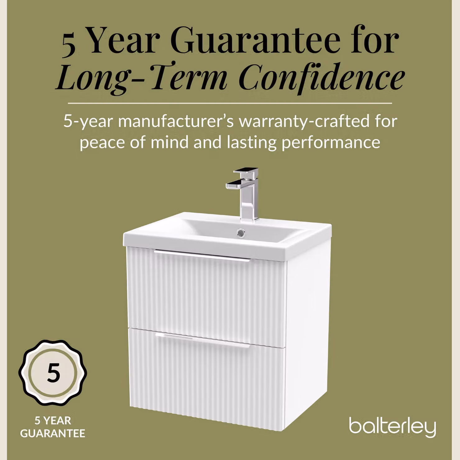 Balterley Fluted Wall Hung 2 Drawer Vanity Basin Unit and Basin, Satin White, Width: 50 cm – 3