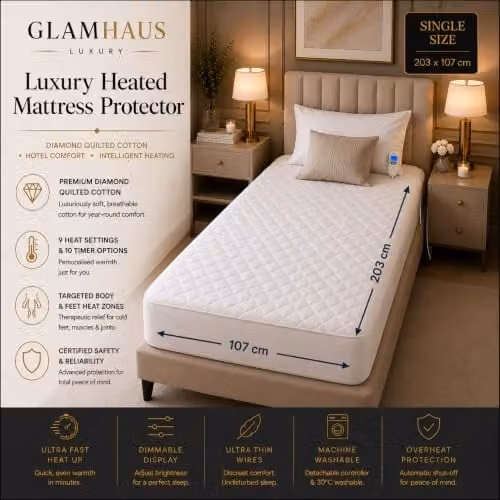 GlamHaus Single Electric Blanket Fitted Mattress Cover, White, W/D/H: 90 x 200 x 9 cm – 2