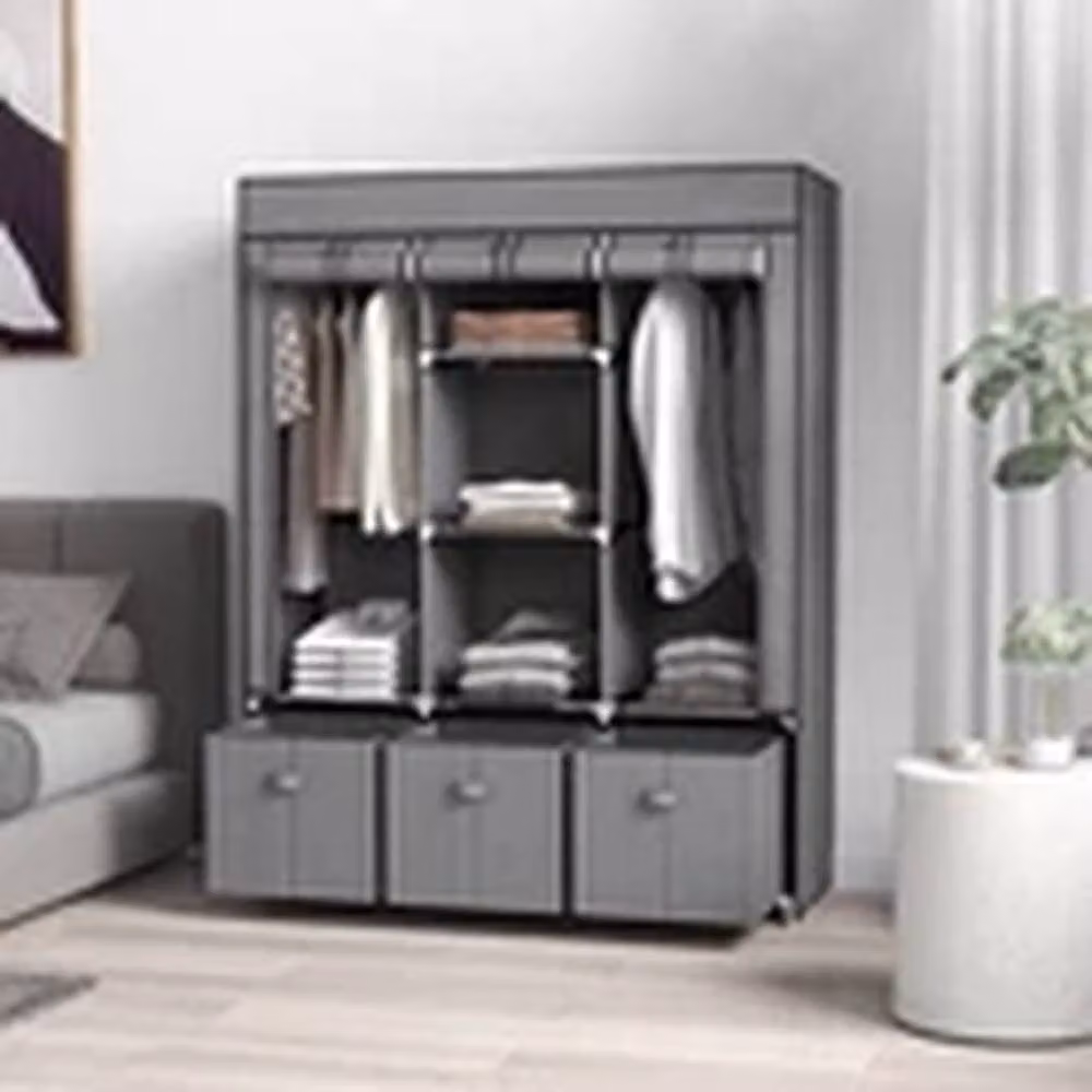 EONLION Grey Portable Fabric Wardrobe with 5 Shelves and 3 Drawers – 3