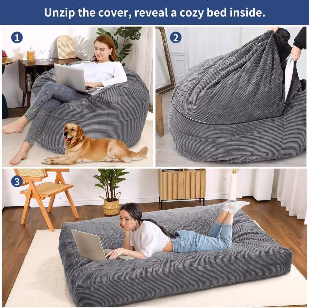 London Boutique 2-in-1 Convertible Bean Bag Chair and Memory Foam Sofa Bed in Light Grey – 5