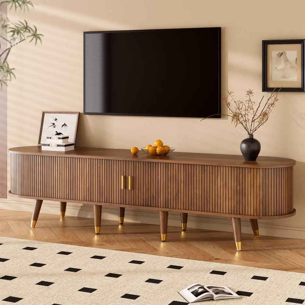 Merax Mid-Century Oval TV Stand with Slatted Sliding Doors, Walnut Brown, W: 175 cm, D: 45 cm, H: 45 cm – 4