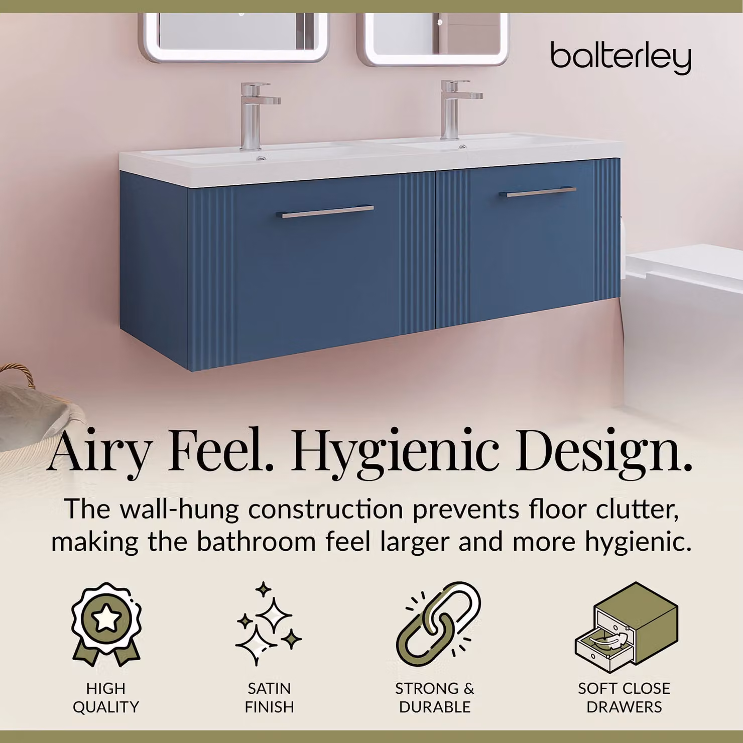 Balterley Wall Hung 2 Drawer Vanity Unit with 2 Polymarble Basins, Satin Blue, W: 120 cm – 3