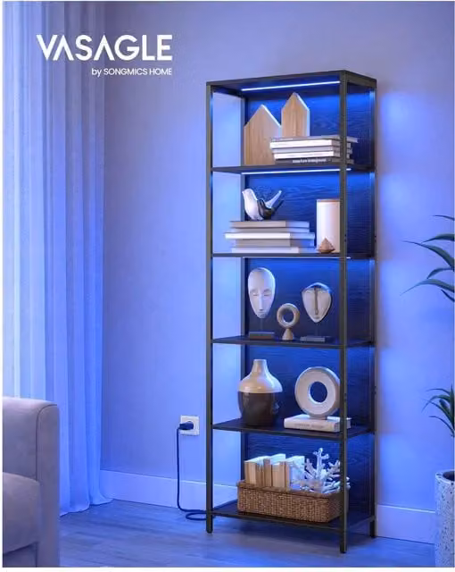 VASAGLE 6-Tier LED Bookcase with Integrated Dimmable Lights, Black, W/D/H: 60.6 x 30.3 x 178.6 cm
