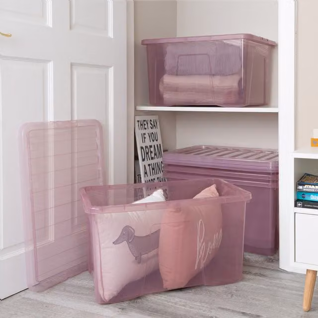 Wham Crystal 5 x 60L Plastic Storage Boxes with Lids, Pink