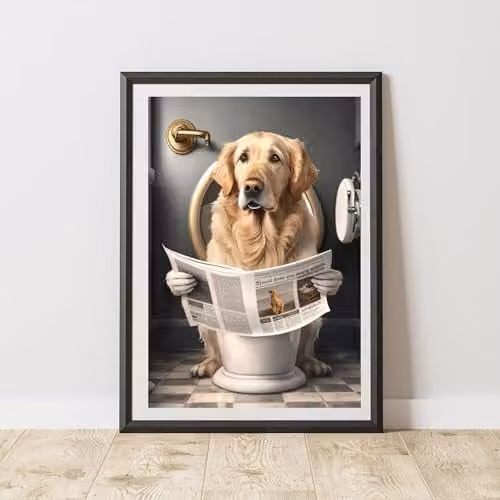60 Second Makeover Golden Retriever On The Toilet Multicolour Paper Poster, A3