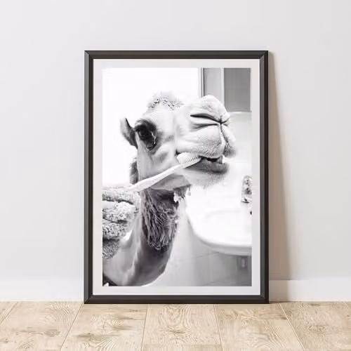 60 Second Makeover Camel Brushing Teeth Animal Print Paper Poster, A3, Black and White