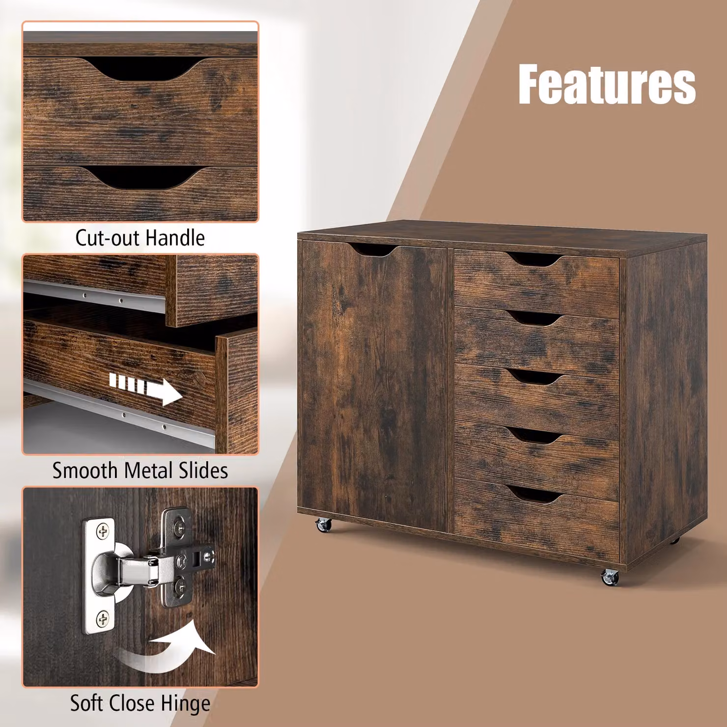 Gymax 5-Drawer Mobile Chest of Drawers with Adjustable Shelf and Lock, Brown – 4