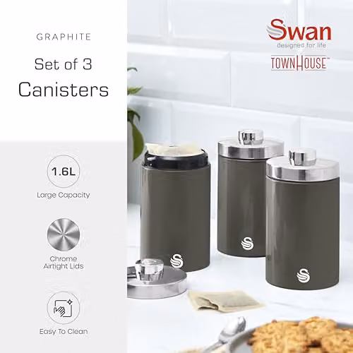Swan Townhouse Set of 3 Airtight Stainless Steel Storage Canisters in Grey, 1.6 l – 2